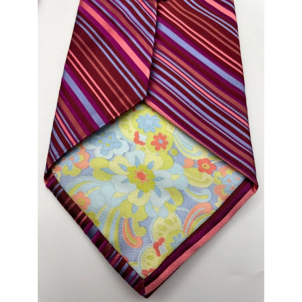 Ted Baker London Mens Silk Necktie Burgundy Pink Purple Striped Hand Tailored